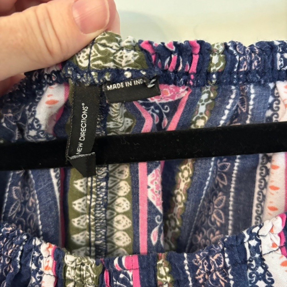 New Directions Boho Floral Stripe Bell Sleeve Blouse Navy Pink Olive L‎ - Picture 5 of 9